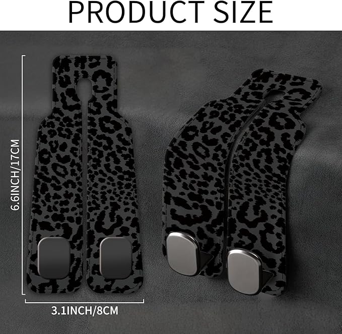 Car Seat Back Storage Headrest Hook, Premium Leather Double Metal Hook, Hanger Storage Organizer for Purse Cloth Bag, Car Interior Accessories Luxury Black Leopard