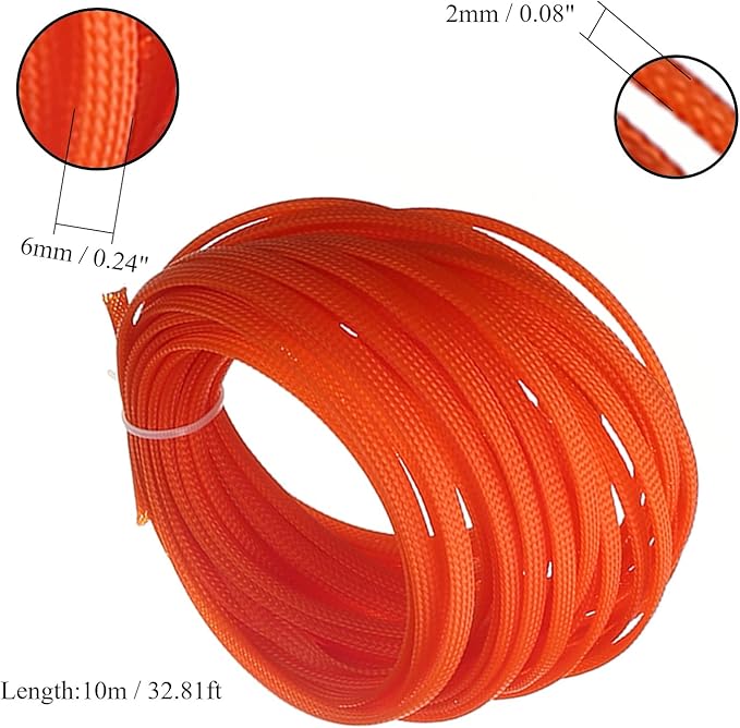 Aicosineg 32.8FT Cable Sleeve PET Braid Cable Sleeving Flexible Wire Mesh Sleeve Wire Braided Protective Sleeve for Cable Solid Tube Power Cord Protection Flame Retardant Cable Manage Orange
