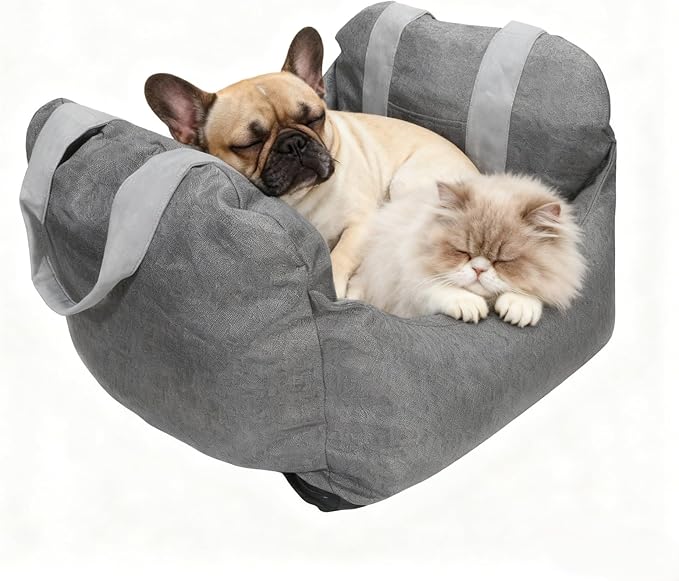 Car Seat for Small & Medium-Sized Dogs & Cats Up to 25 lbs – Cushy, Roomy, Washable, Carrier Seat with Headrest Harness, Seatbelt Anchor, Safety Leash, Storage Pockets & Thick Cushion
