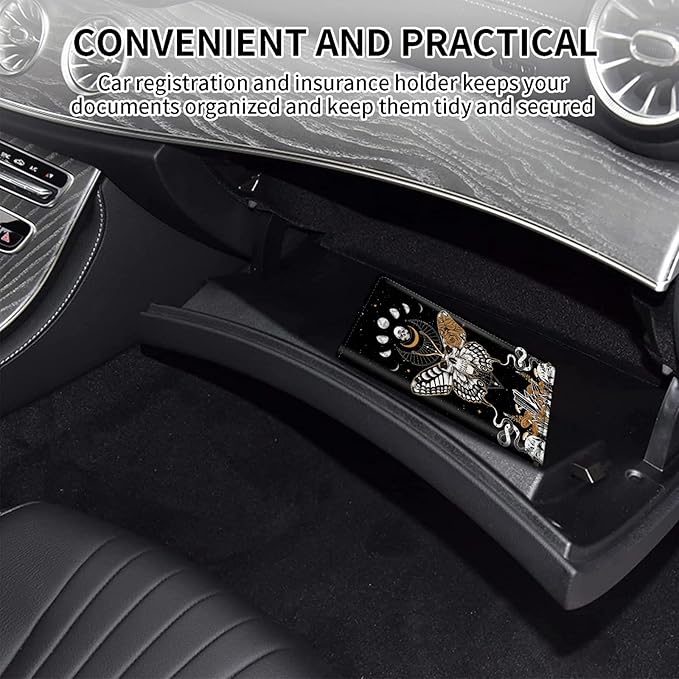 Car Registration and Insurance Card Holder, Premium PU Leather Vehicle Wallet Cover for Glove Box Car Organizer Drivers License / Cards / ID Essentials Document Holder, Skull Butterfly Moon Phase