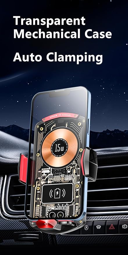 Wireless Car Charger Mount,Phone Holder,15W Fast Charging, Air Vent Clamp,Auto Clamping,360° Rotating Ball Joint,Transparent Case,Compatible with iPhone 17/16/15/14/13/12/11/10, Samsung Galaxy Series
