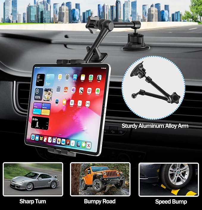 Car/Truck Tablet Mount for Dashboard Windshield, Vehicle Heavy Duty Suction iPad Holder with Metal Arm for 4-12.9" Tablet & Phones, iPad Pro/Air/Mini, Galaxy, Lenovo, iPhone etc