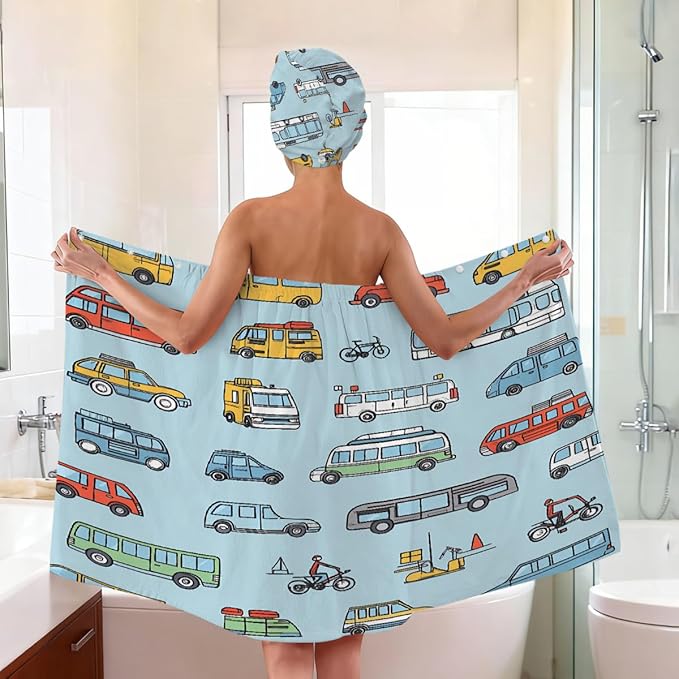 Women Bath Wrap Hair Towel Drying Cap Set Retro Cars Bus Pattern Soft Absorbent Bathrobe Shower Wraps with Adjustable Closure Spa Bath Robe