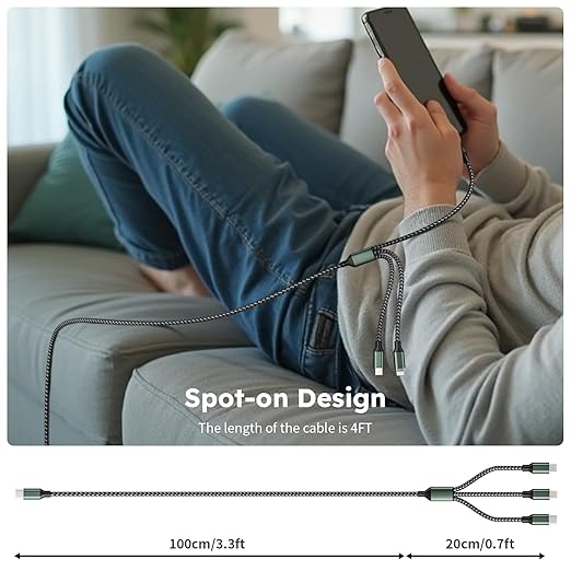 3 in 1 USB C to Multi Charging Cable, Travel Charger Cables for Multiple Devices, Universal Multiple Charger Cord with Type-C/IP/Micro Port for iPhone16/15/14/Cell Phones and More (2Packs 4FT)