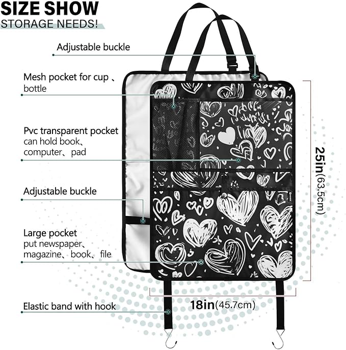 White Dodle Hearts 2 Pack Backseat Car Organizer with Storage Pockets Seat Back Organizers for Kids Kick Mats Backseat Protector Automotive