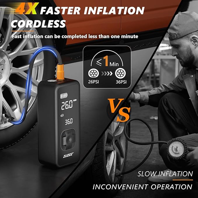 ZUZEE Tire Inflator Portable Air Compressor - 4X Faster Inflation, 150PSI Air Pump for Car Tires with Digital Pressure Gauge/LED Light, Portable Tire Inflator for Car, Moto, Bike, Ball, etc(Black)