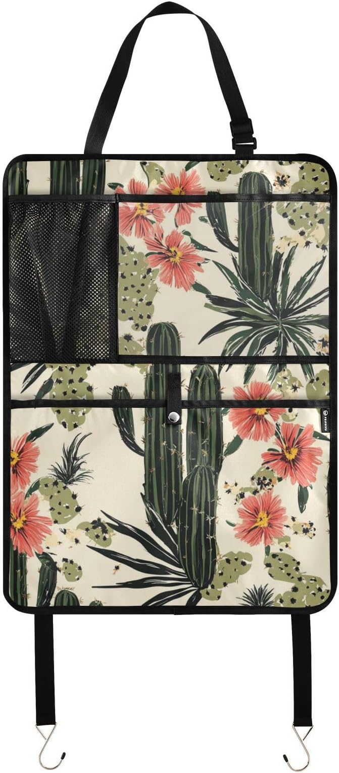 Retro Cactus Polynesia Flower 1 Pack Backseat Car Organizer with Storage Pockets Seat Back Organizers for Kids Kick Mats Backseat Protector Automotive