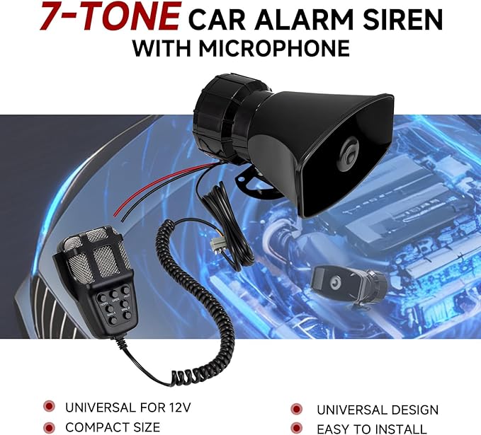 Alarm Horn Siren PA Speaker Mic System, BANHAO 100w 12v 7 Sound Loud Car Alarm Police Car Siren Speaker System Emergency Amplifier Kit for 12V Truck Lorry Boat Vehicle