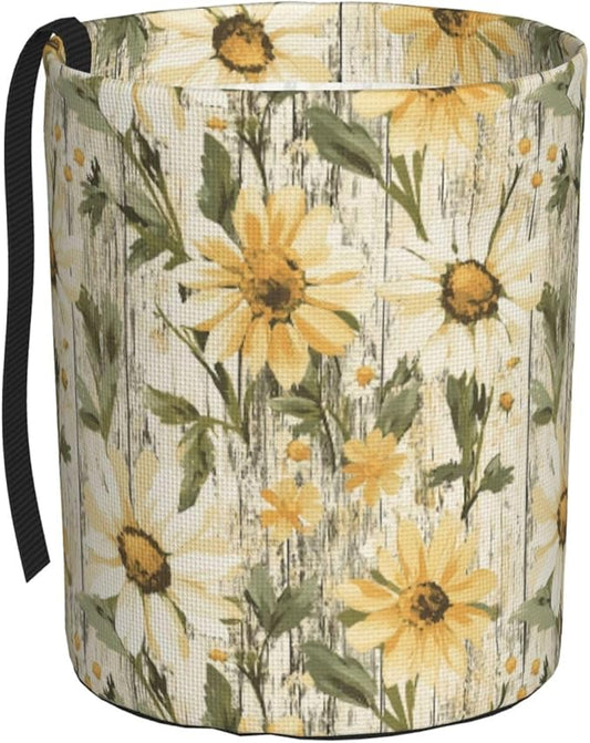 Car Trash Can Wood Grain Daisy Pattern Multipurpose Collapsible Leakproof Trash Bin Car Accessories for Car Automotive Truck SUV