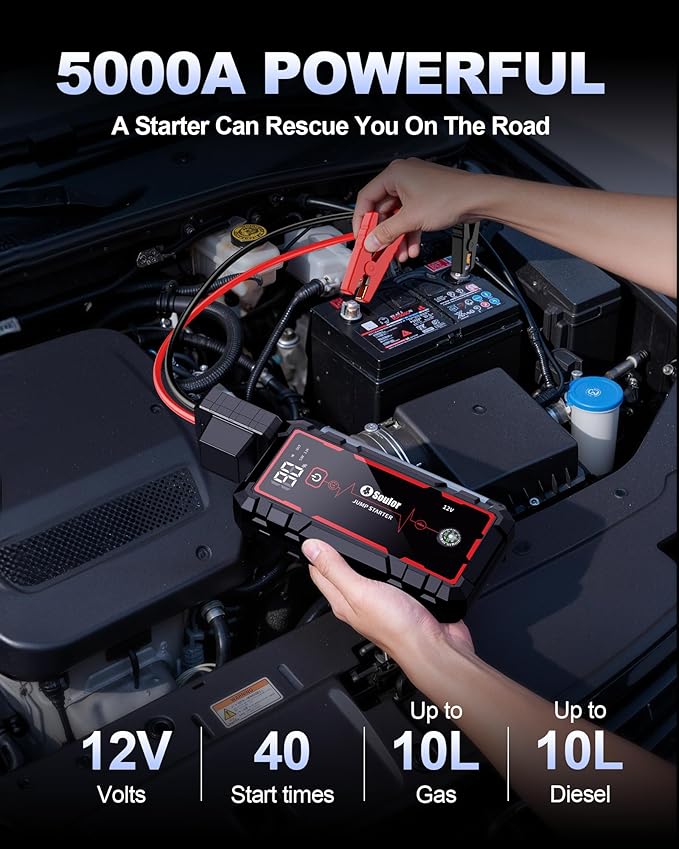 5000A Jump Starter Car Battery Jumper Starter Portable with Jumper Cable, Quick Charge Power Bank, 3 Modes Flashlight, Compass