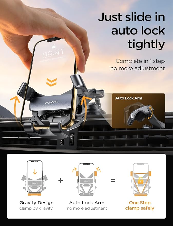 AINOPE Phone Mount for Car 3-1 Gravity Car Phone Holder Mount for Car Dashboard Windshield Air Vent Cell Phone Holder Car for iPhone 15 Pro Max 14 13 12 & All Phones Kits