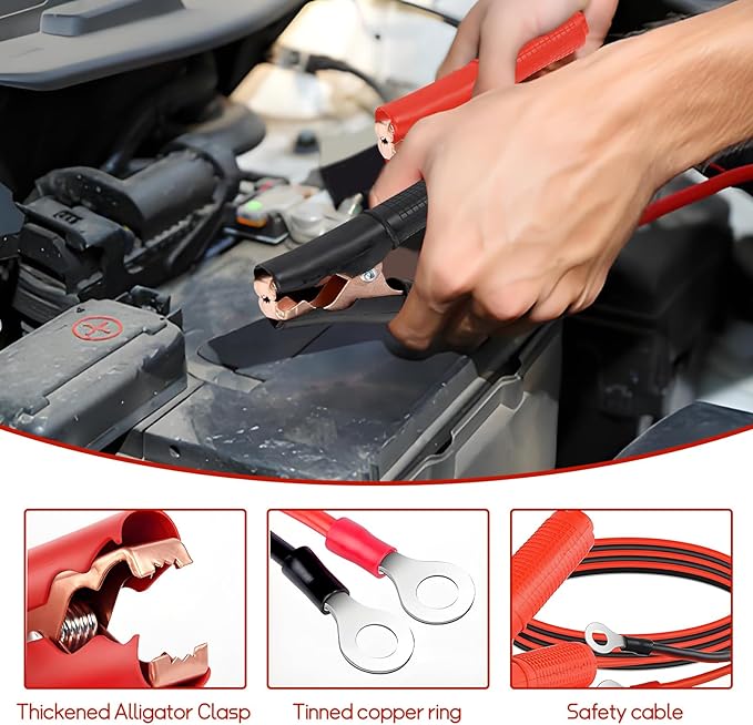 wuyaoyao 2PCS Battery Alligator Clips Booster Jumper Cable 30A, 3.9ft 13AWG Alligator Clips to O Ring Terminal Harness Wire, Extension Cord for 12V/ 24V Car Battery Charging Charger (3.9ft)