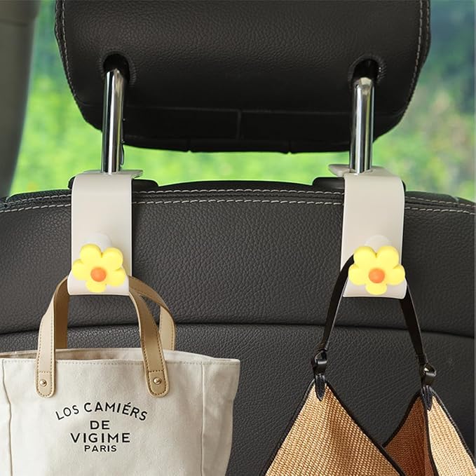 4 PCS Car Headrest Hook, Multifunctional Flower Vehicle Seat Back Storage Hook, Cute Automotive Seatback Organizer Hanger for Purse Grocery Bag Handbag, Universal Fit (Beige/Yellow)