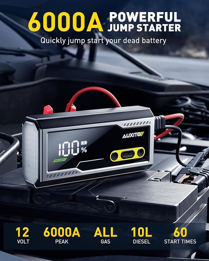 AUXITO 6000A Jump Starter, 12V Car Battery Jump Starter, Up to All Gas & 12L Diesel Engine with LED Display, Portable Jump Box with 3 Modes Flashlight and Jumper Cable, Storage Case
