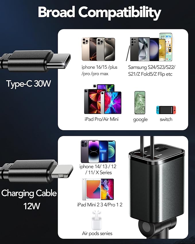 Retractable Car Charger Adapter for iPhone 17,4 in 1 Fast Charging Car Phone Charger,69W USB C Car Truck Accessories,Road Trip Essentials Gift for Men Women for iPhone 17 Pro Max/16/15/14,Galaxy S26
