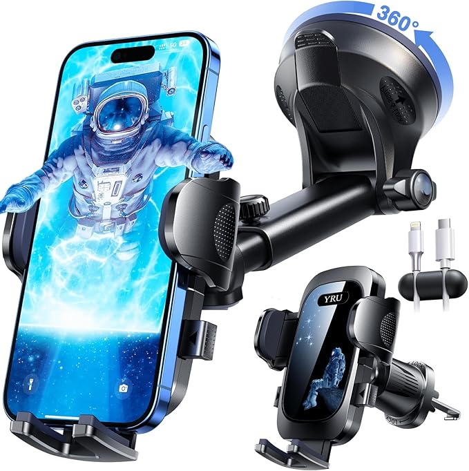 YRU True Military-Grade [360° Rotation Suction] 2026 Ultimate Car Phone Holder Mount 【90+LBS Safest Strongest & Patent Certs】 Dashboard Windshield Vent for iPhone 17 16 Pro Max Samsung,Blue Black