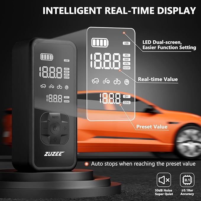 ZUZEE Tire Inflator Portable Air Compressor - 4X Faster Inflation, 150PSI Air Pump for Car Tires with Digital Pressure Gauge/LED Light, Portable Tire Inflator for Car, Moto, Bike, Ball, etc(Black)