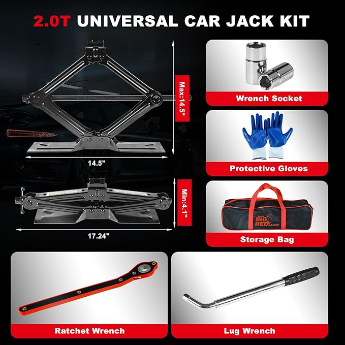 Big RED Car Jack 2Ton/4409 lbs Universal Scissor Jack with Rubber Pad, Portable Tire Changing Kit with Lug Wrench, Emergency Kit for Sedan SUV MPV