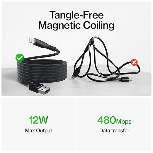 Statik MagStack USB A to iPhone Cable MFi Certified, Clutter-Free Magnetic Charging Cable, Anti-Tangle Phone Charger Cord, 12W, Compatible with iPhone 14 Pro Max, 13 12 11, 3FT/1M