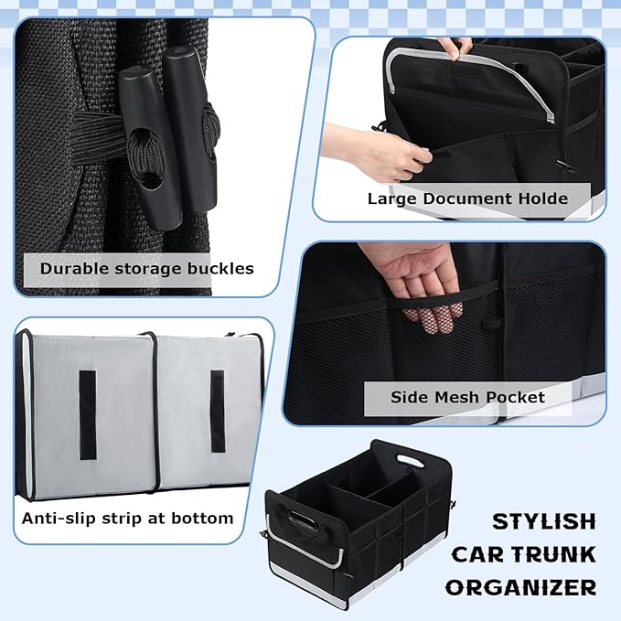 Car Trunk Organizer, 72L Large Capacity Waterproof Auto Storage with Non-Slip Bottom Strips, Collapsible Cargo Organizer for Suv, Truck, Sedan, Portable Car Accessories for Women Men