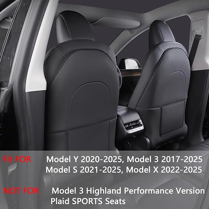 TOPABYTE Seat Back Kick Protector for Tesla Model Y Model 3 Model S Model X Leather Backseat Mats for Kids Wear-Resistant Back Seat Cover with Extra Organizer Pocket 2 PCS -Black