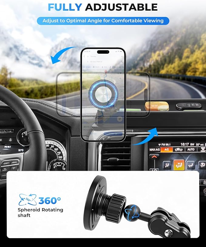 Autorder Magnetic Phone Mount for 2013-2018 Dodge RAM 1500/2500/3500 & 2019+ Classic Accessories - Dash Organizer & Cell Phone Holder for Ram Truck - Hands Free 360° Rotation - ABS Material