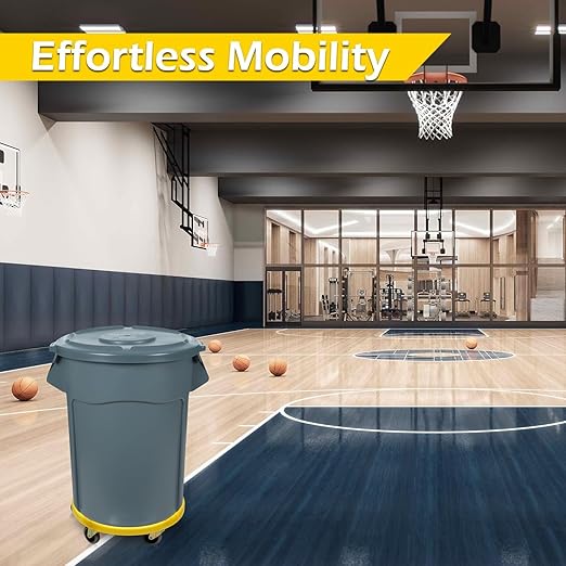MaxWorks 51192 Round Trash Can High Visibility Yellow Dolly with 5 Swivel Casters 18 inch Dolly for 20 32 44 55 Gallon Containers Twist ON & Off Great for Shops Garages Car Detailing
