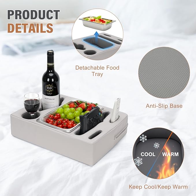 INNO STAGE Couch Cup Holder Pillow - Sofa Cup Holder with Stainless Steel Bowl Couch Drink Caddy Remote Snacks Cozy Mug Cupholder Buddy for Bed, Car, Man Cave, Rv, Tv, Backseat (PUGrey)