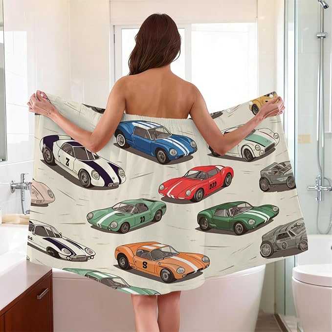 Towel Wrap for Women, Wearable Towel Dress Spa bathrobe with Adjustable Closure(Cute Cartoon Cars Pattern)