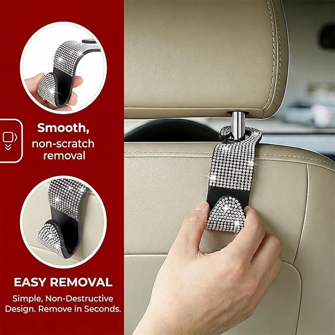 4PCS Bling Car Seat Headrest Hooks, Crystal Rhinestone Vehicle Back Seat Hanger Holder, Auto Interior Headrest Hanging Storage Organizer for Purse Handbag Coat, Universal Fit (Black/Pink)