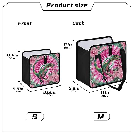 Car Trash Can Organizer Bin with Adjustable Strap for Back Front Seat Console Waterproof Leakproof Collapsible Portable 11 Inch Tie Dye Dinosaur Pink Green