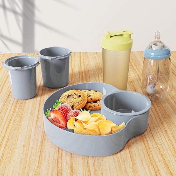 Car Seat Snack Tray for Kids: Kids Car Travel Tray with Cup Holder, Toddlers Road Trip Essential, Snacks Food Plate for Stroller, SnackTray with a Cup Holder (2, Gray)