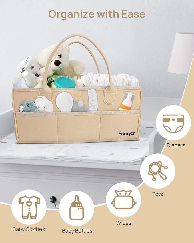 Feagar Baby Diaper Caddy Organizer, 15 Inch Large 2 Pack Set with 8 Pockets & 2 Dividers, Portable Nursery Storage Basket & Car Organizer for Changing Table, Travel (Khaki)