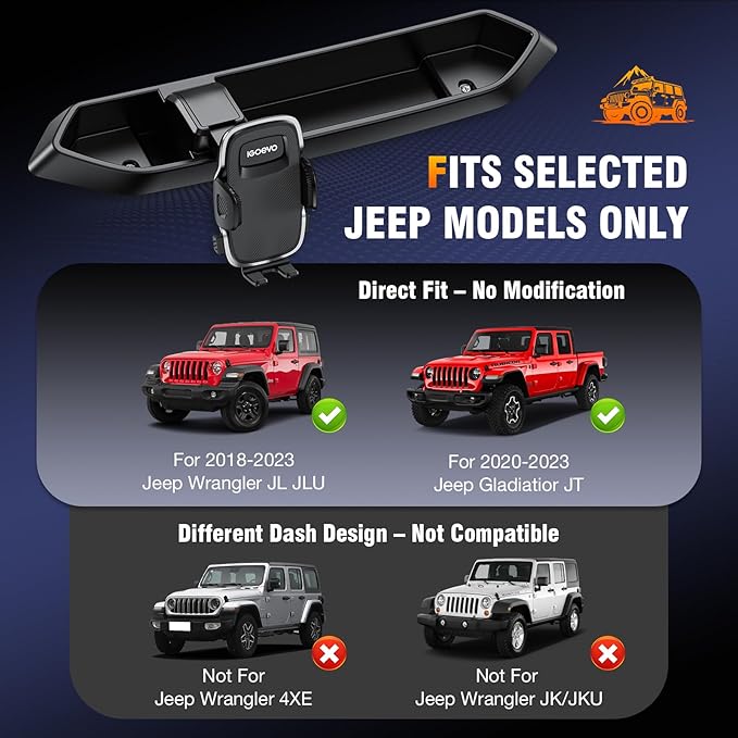 Dashboard Phone Mount for Jeep Wrangler JL JLU & Gladiator JT (2018–2023) – Storage Tray Organizer with Metal Clamp Arm & Extension Rod, Scratch-Free Silicone Base, No-Rattle Design, Not for 4xe