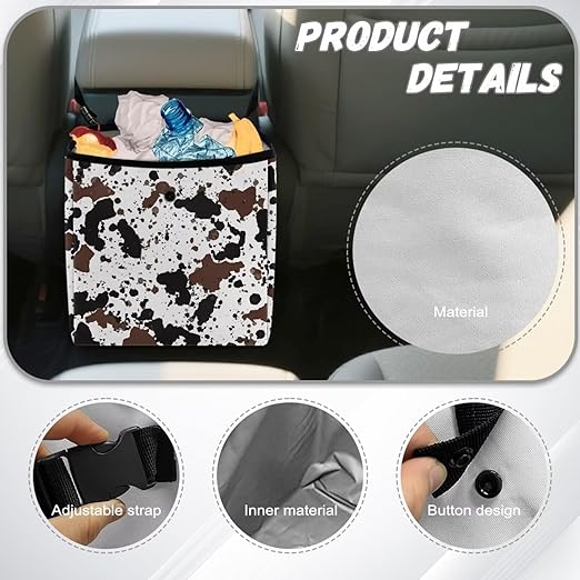 Cow Cowhide Print Car Trash Can for Back Seat Car Accessories for Women Men Leakproof Auto Garbage Cans Hanging Trash Bin for Car Water-Resistant