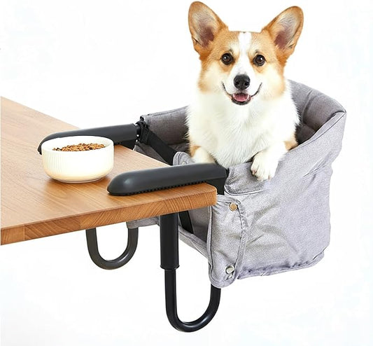 Soaoo Dog High Chair for Table, Cat Desk Perch, Pet Feeding Booster, Seat Attach to Table, Hook on High Chair Portable & Foldable for Home and Travel (Small Dogs/Cats)(Grey)