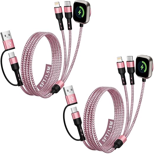 Cruise Travel Essentials, 2Pack 3 in 2 USB A/C Cable to iPhone 17 Charger/iWatch Charger/IP, Multi Charging Cable, Multi Charger Cable for iWatch Series & iPhone 17-11/iPad-5FT Black/Pink Braided
