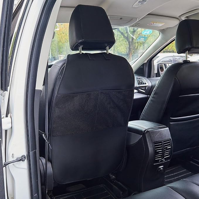 HCMAX 2 Pack Kick Mat Car Seat Back Protector Waterproof Easy to Clean Multifunctional Organizer Storage Bag Travel Accessory PU Leather Black