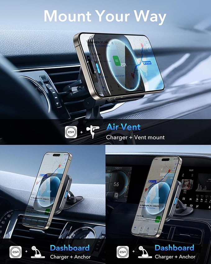 ESR for MagSafe Car Mount Charger,15W Magnetic Wireless Car Charger, for MagSafe Car Charging, Air Vent Dashboard Phone Holder Mount for iPhone Air 17 Pro Max 16 15 14 13 12, Galaxy S25, Fast Charging