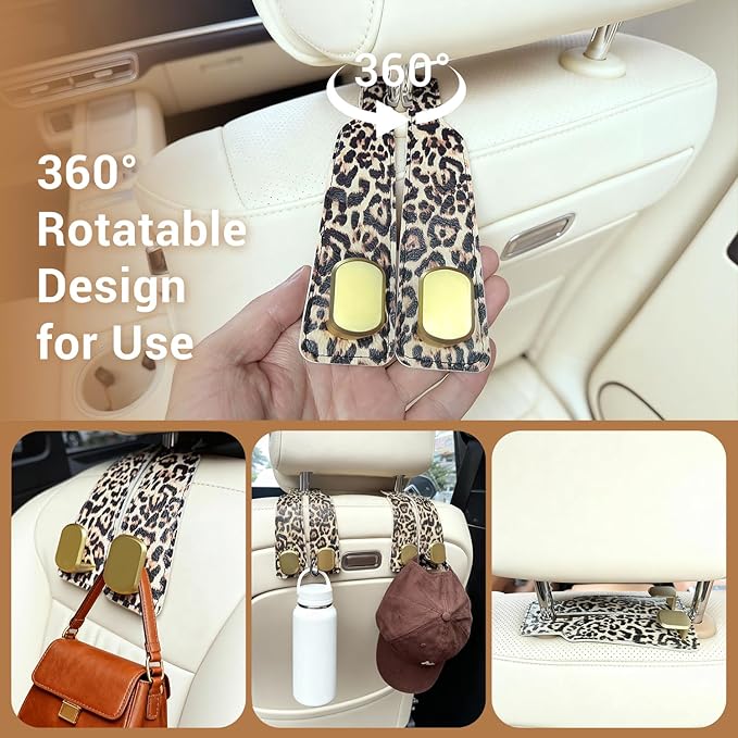2 Pack Purse Hook for Car Headrest, Car Seat Back Storage Hook for Purses and Bags, Car Back Seat Headrest Purse Holder, Hanger Storage Organizer (Leopard)
