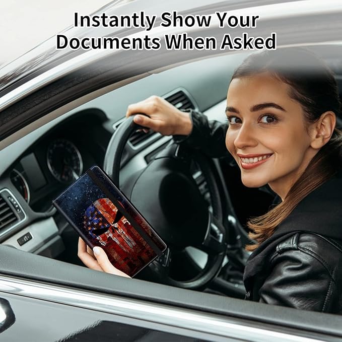 Car Registration and Insurance Card Holder, Premium Leather Vehicle Wallet Cover for Glove Box Car Organizer Drivers License/Cards/ID - Essentials Document Holder, Death Skull American Flag