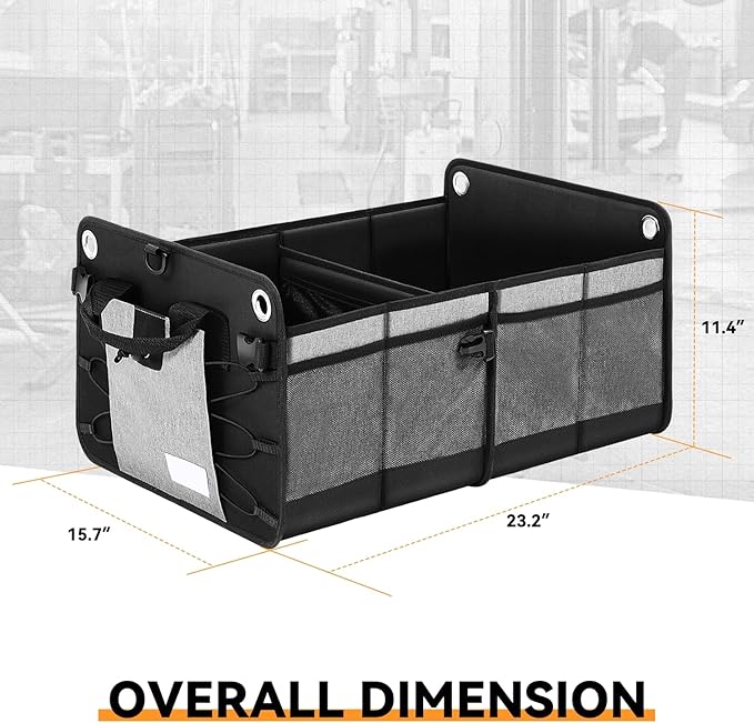 Auto Dynasty Collapsible Car Trunk Organizer, Grey Foldable Cargo Storage Container with Water Resistant Fabric for Car Accessories, SUV, Van, Tools, 2 Compartments