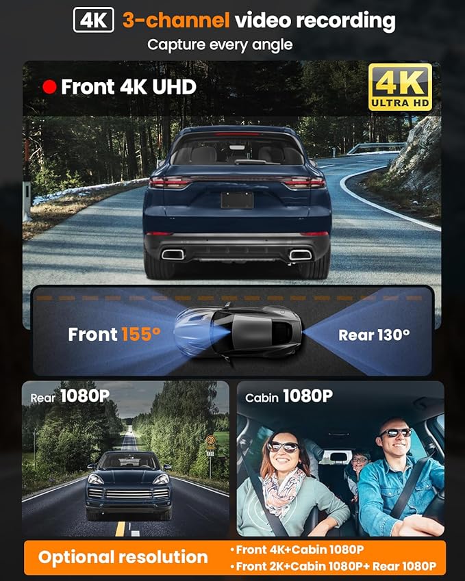 4K 3 Channel Dash Cam, 2160P+1080P+1080P Front and Rear Inside Car Camera with 64GB Card, WiFi Built-in GPS, 3“ IPS Screen, IR Night Vision, G Sensor, WDR(F3)