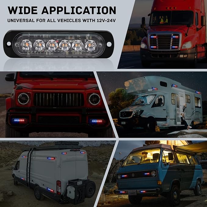 SEISSO 4-Pack 6 LED Strobe Lights Vehicles Trucks Emergency Strobe Lights Kit 12V -24V Warning Hazard Flash Lights Bar Grill Grille Surface Mount Super Bright Waterproof, Red/Blue