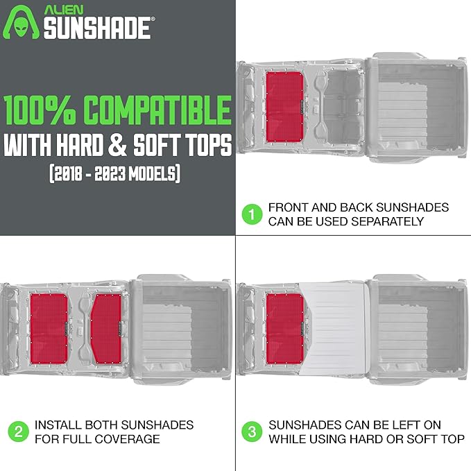 Alien Sunshade Jeep Gladiator Sun Shade Red (2018-2023) Jeep Gladiator Accessories, Front & Rear Mesh Sunshade, 4 Door Top, Reduces Wind & Noise Universal Fit