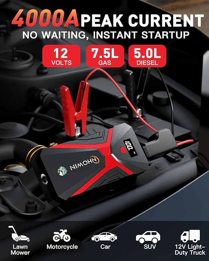 Battery Jumper Starter Portable, 4000A 4 in 1 Function Jump Starter Up to 7.5L Gas & 5.0L Diesel Engines 12V Jump Box for Car Battery with Smart Jumper Cables and LED Flashlight