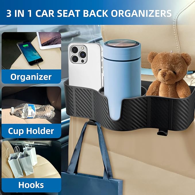 OUSHASAA 3-in-1 Car Headrest Backseat Organizer with 3.7" Backseat Cup Holder for Car, Seat Back Organizer with Hooks