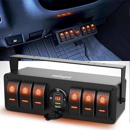 Nilight 6 Gang Rocker Switch Box 12V SPST ON Off Toggle Switches PD Type C and QC 3.0 USB Sockcet Voltmeter Orange LED Light Waterproof Aluminum Mount Bracket Panel DIY Stickers for Boat Car RV Truck