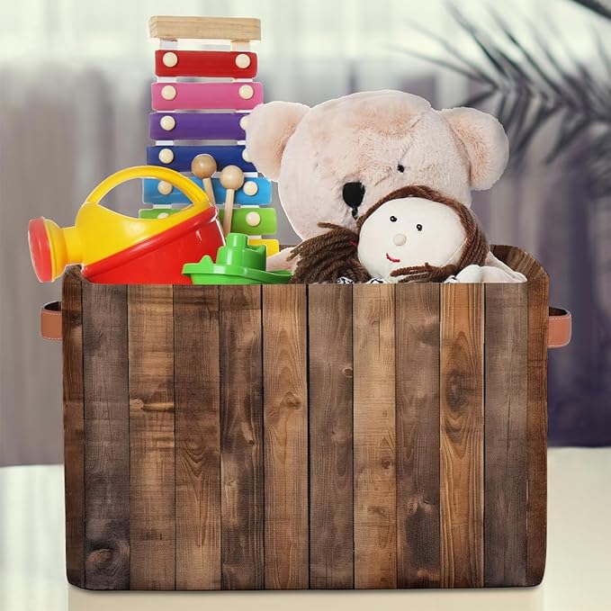 Rustic Wooden Board Storage Baskets for Organizing, Fabric Collapsible Storage Bins Box Retro Decorative Toy Organizer Baskets for Closet Shelves Gift Basket 1 Pc