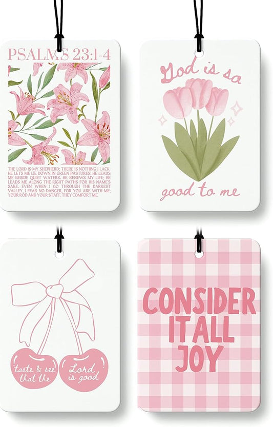 Preppy Pink Floral Cherry Christian Car Air Freshener 4 Pcs, Coquette Girly Religious Hanging Air Freshener for Cars Closet Drawer Books, Cute Christian Car Accessories Mirror Decor for Women